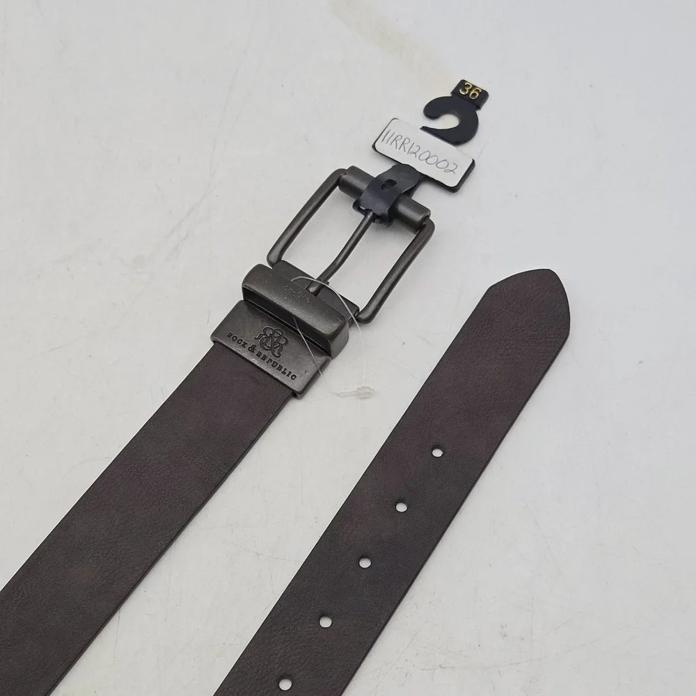 Rock & Republic Belt Brown Black Reversible Leather Mens 36 Bronze Buckle New
